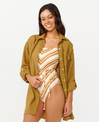 Rip Curl Women Premium Linen Long Sleeve Button Through Shirt