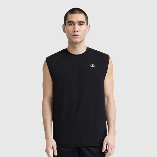 Black Sport Crewneck Muscle Tee, Script Logo
