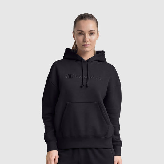 Black Powerblend Hoodie, Relaxed, Full Embroidered Script Logo