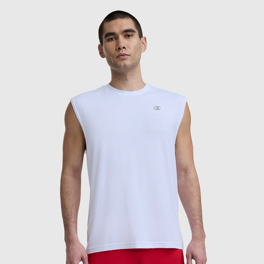 Bright White Sport Crewneck Muscle Tee, Script Logo