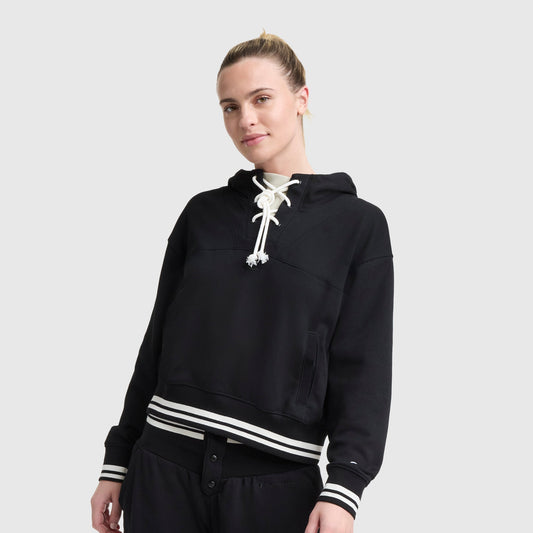 Black Tackle Lace Front Hoodie, Tonal Embroidered C Logo